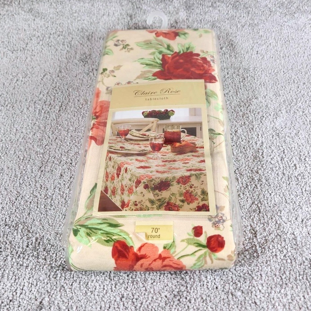 Claire Rose 70" Tablecloth Red Cream Floral Rose Round Cotton Blend